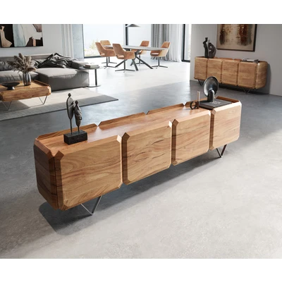 Abbildung von Lowboard Kiano 220 cm Akazie Natur 4 Türen V Fuß Edelstahl Raumteiler