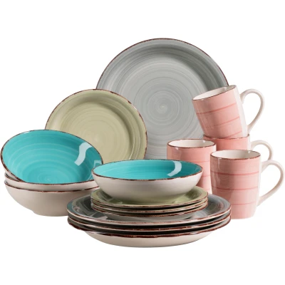 Abbildung von MÄSER Kombiservice &quot;Lumaca&quot;, (Set, 16 tlg., je 4 Speisetellern, Desserttellern, Kaffeebechern, Mehrzweckschalen), Holzoptik, handbemalter Pinselstrich, jedes Teil ein Unikat