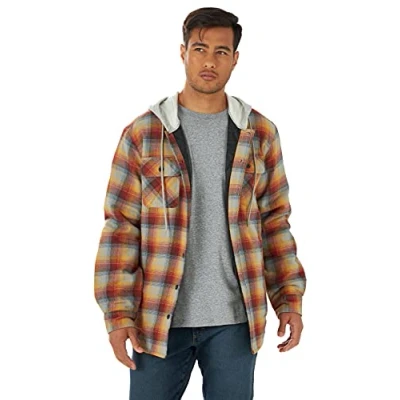 Abbildung von Wrangler Authentics Herren Langärmelige Flanell Hemdjacke mit Kapuze Hemd, Rot/Gelb, XL