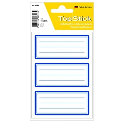 Abbildung von TopStick 1346 Buchetiketten zum Beschriften neutral blauer Rand, 150 Stück, 76 x 35 mm, selbstklebend, liniert, Buchaufkleber für Schule Kinder Mädchen Jungen, blanko Heftetiketten Aufkleber, weiß
