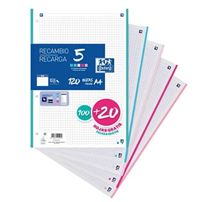 Abbildung von Oxford, A4, kariert, Nachfüllpackung, 100 + 20 Blatt, 5 x Streifen, Pastellfarben
