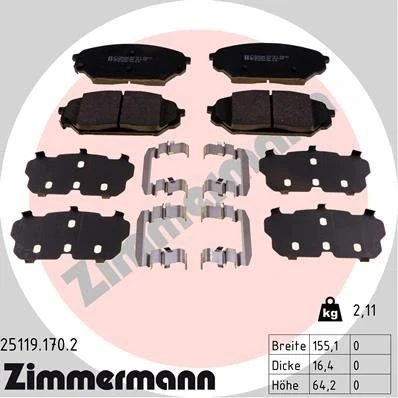 Abbildung von ZIMMERMANN 25119.170.2 Bremsbelagsatz mit akustischer Verschleißwarnung Foto entspricht Lieferumfang, Gleitblech HYUNDAI: ix55