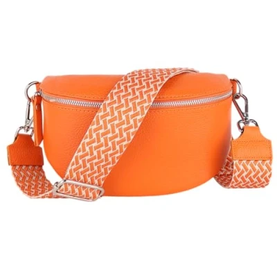 Abbildung von MIRROSI® Bauchtasche Damen, Echtleder, Made in Italy, Umhängetasche, Brusttasche, Crossbody Bag (1 Tasche &amp; 2 Gurte) (Orange (Streifen), Kleine (22x13x6cm))