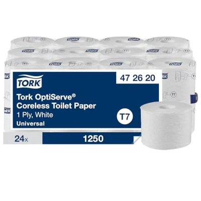 Abbildung von Tork OptiServe Hülsenloses Toilettenpapier Weiß T7, Universal, 1‑lagig, 24 x 1.250 Blatt, 472620