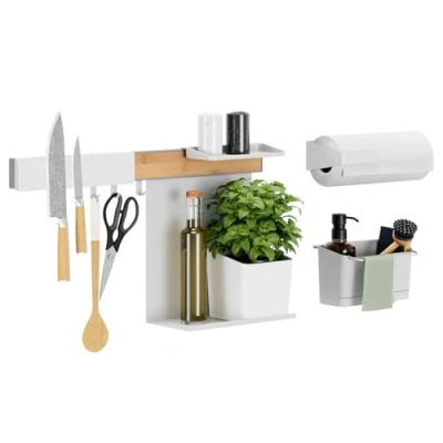 Abbildung von tesa Hakenleiste Küchen Organizer Kombi Set XL selbstklebende Küchenleiste, (Komplett Set, 8 St., Kräutertopf, 2 Ablagen, Messer , Rollen und Spülhalter, Hakenleiste), Flexible Organisationsleiste für die Küche, Montage ohne Bohren