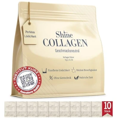 Abbildung von Shine Collagen Pulver 100% Peptide, Premium Hydrolysat Typ 1, 2 und 3, Perfekte Löslichkeit, Geschmacksneutral (500g + 10x10g)