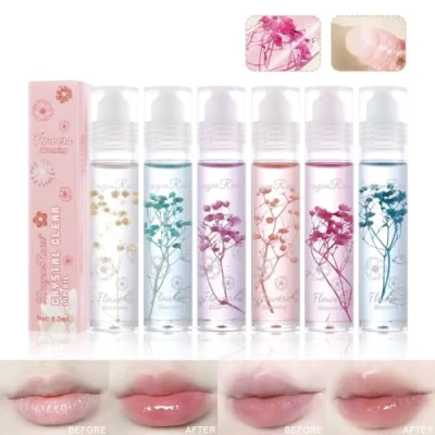 Abbildung von Roll On Lip Gloss Se 6 Packungen Flower Jelly Oil Long Lasting Moisturizer Blam mit echten Blumen Glossy Make up für trockene und rissige Lippen