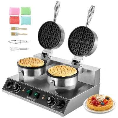 Abbildung von VEVOR kommerzielles Waffeleisen rundes mit Doppelkopf 2460 W, belgisches antihaftbeschichteten Backfläche, Temperatur und Zeitregelung, für Restaurant Bäckerei Snackbar