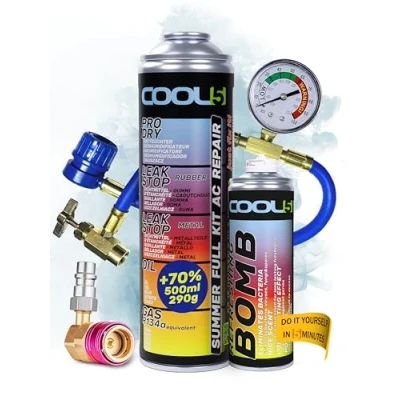 Abbildung von COOL5 5in1 Klimaanlagen Reparaturset, r134a kältemittel nachfüllset, klimaanlage nachfüllset für Fahrzeuge 1995 2016 + Manometer Refresher Bombe Adapter LP HP APC 500ml