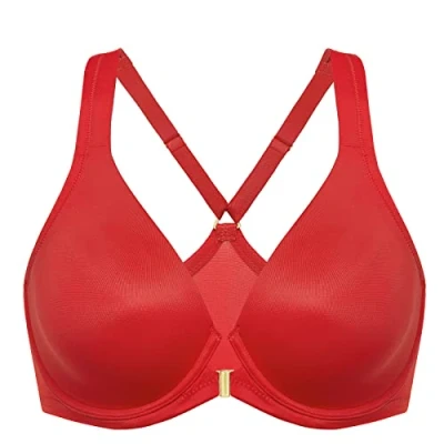Abbildung von DELIMIRA Damen Vorderverschluss Racerback BH Grosse Grössen Bügel BHS Tiefer Ausschnitt Ungefüttert Vollschalen Lippenstift Rot 85F