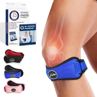 Abbildung von Dr. Arthritis Von Ärzten Entworfen, Patellasehnenbandage, Stützende Kniebandagen, Verstellbare Bandage Damen/Herren, Kniestütze für Meniskus, Patellasehnenentzündung, Läuferknie, Einzelpack, Blau
