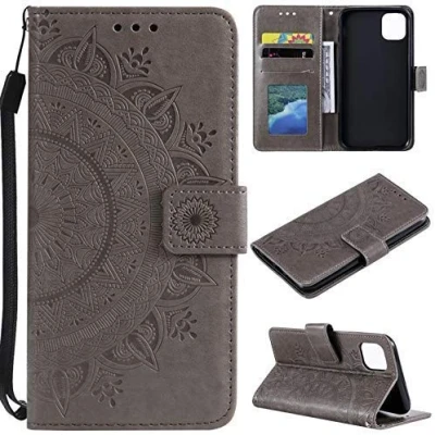 Abbildung von CoverKingz Handytasche kompatibel mit iPhone 11 [6,1 Zoll] Handy Case Kartenfach Handyhülle Flipcase klappbar Motiv Mandala Grau