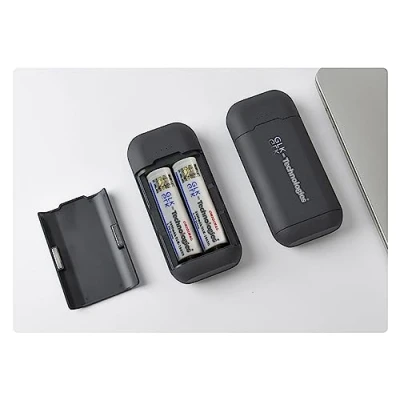 Abbildung von GLK Technologies® 2X Akku 3200 mAh 3,7V gratis Powerbank 3in1 Ladegerät/Powerbank/Aufbewahrungsbox mit LED Anzeige Externer USB C Inpud