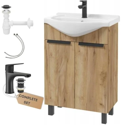 Abbildung von Deftrans waschbecken mit unterschrank 60 x 85 43,5 cm waschtisch und Waschtischarmatur, gäste wc Holz, schwarz Armatur, klick Klack, Siphon Set