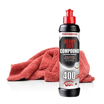 Abbildung von detailmate Auto Polier Set Autopflege: Menzerna Autopolitur Heavy Cut Compound 400, 250 ml Kratzer entfernen + Mikrofaser Poliertuch, 40x40cm, perfekt zum Auspolieren auf Autolack