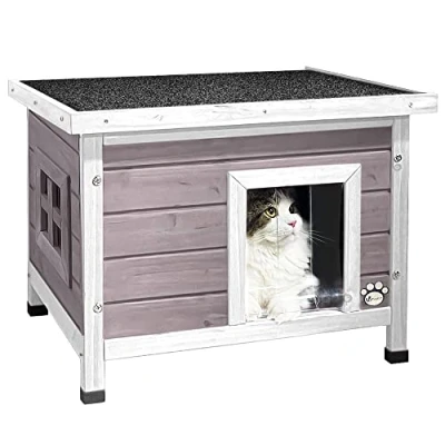 Abbildung von VOUNOT® Katzenhaus aus Holz, Katzen Haus mit Asphaltdach, Katzenhütte für Draussen Outdoor 57 x 45 43 cm, Grau