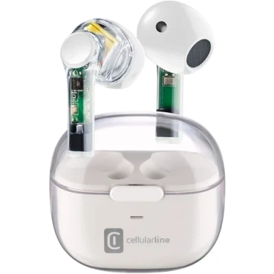 Abbildung von cellularline FINE Durchsichtig TWS Wireless In Ear Capsule Bluetooth Ohrhörer mit Ladebox 3,5 Stunden Spielzeit 4 maliges Aufladen Touch Steuerung und automatische Kopplung