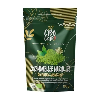 Abbildung von Tee Matcha Pulver Bio Ceremonial Grade 100g. Grüner Zeremonie Qualität aus Japan Uji. Organic Green Tea Powder.
