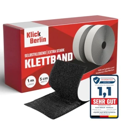 Abbildung von Klick Berlin Klettband Selbstklebend Extra Stark 5 cm breit Klett Klebeband klebt auf vielen Flächen Klettverschluss 50mm breit, 1 Meter lang