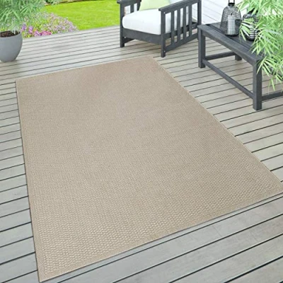 Abbildung von Paco Home Outdoor Teppich wetterfest für Garten, Terrasse &amp; Balkon flachgewebt in Moderner Sisaloptik einfarbig pflegeleicht UV beständig, Grösse:160x220 cm, Farbe:Beige