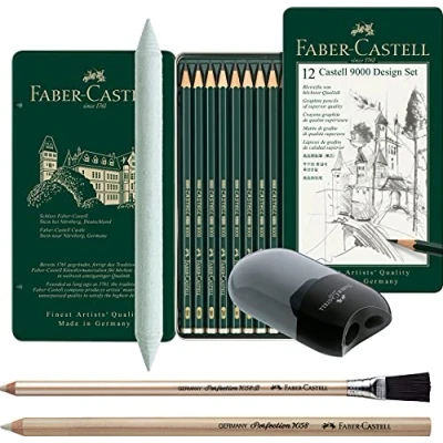 Abbildung von Faber CASTELL 119064 Bleistift 9000, 12er Design Set, Inhalt: 5B 5H + 2 Radierstifte, Estompe und Spitzdose