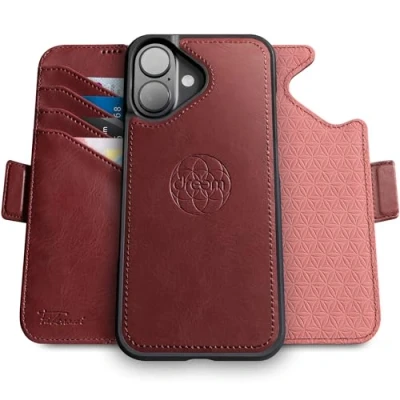Abbildung von Dreem Fibonacci kompatibel mit iPhone 16 Plus Brieftaschen Etui / 2 in 1 stoßfestes und abnehmbares Folio aus veganem Leder, MagSafe, RFID Schutz [Burgundisch]