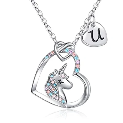 Abbildung von TINGN Einhörner Geschenke Mädchen, Herz Kette Mädchen Einhorn Halskette mit Buchstaben U Teenager Schmuck für