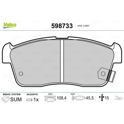 Abbildung von VALEO 598733 Bremsbelagsatz Vorderachse inkl. Verschleißwarnkontakt ohne Anti Quietsch Blech SUZUKI: Alto K10 I, IGNIS 2, VII