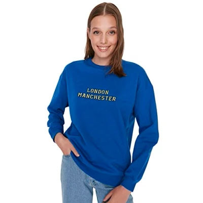 Abbildung von Trendyol Women&#039;s Crew Neck with Slogan Regular Sweatshirt, Saxe Blue, XS