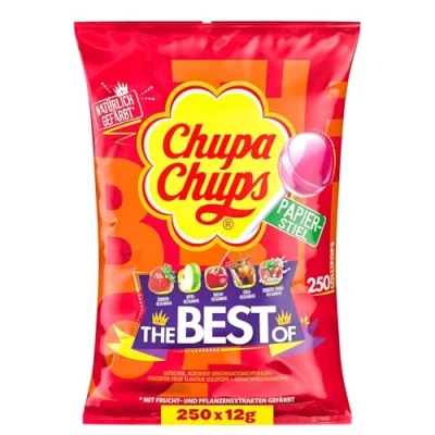 Abbildung von Chupa Chups Best of Lutscher Beutel, Beutel enthält 250 Lollis in 6 Geschmacksrichtungen wie Cola, Erdbeere, Kirsch, Apfel, Himbeere Vanille, für Halloween, 250x12g