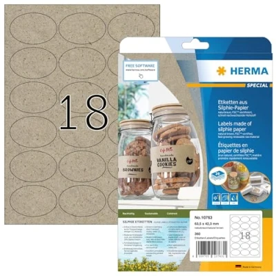 Abbildung von HERMA 10763 Universal Etiketten aus Graspapier oval, 20 Blatt, 63,5 x 42,3 mm, 18 pro A4 Bogen, 360 Stück, selbstklebend, bedruckbar, matt, blanko Klebeetiketten Silphie Papier, natur braun