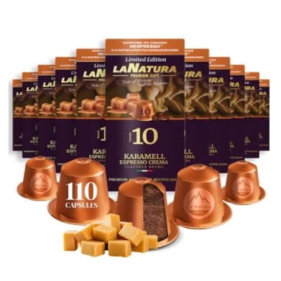 Abbildung von Kaffee Karamell Espresso Crema Premium Aromatisierter 110 Aluminium Kaffeekapseln 100% Recycelbar La Natura Lifestyle