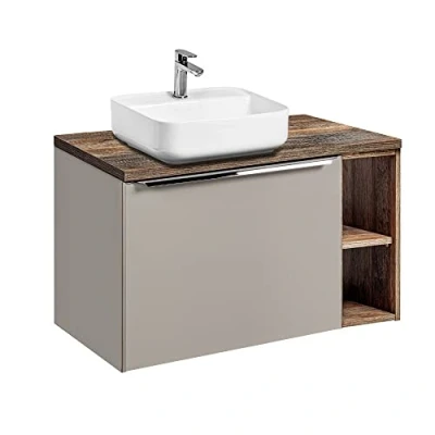 Abbildung von Lomadox Waschtisch Set mit 80cm Unterschrank und Regal, in Taupe Vintage Eiche, 40cm Keramik Waschbecken, Softclose Schubkasten, B/H/T 80,4/62,5/46 cm