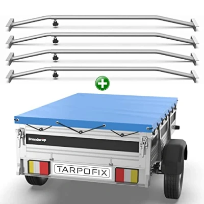 Abbildung von Tarpofix® Anhänger Plane 264x135 cm + 4X Planenbügel Anhängerplane Flachplane aus PVC PLANENMATERIAL Verstärkte Brenderup für PKW Hänger Abdeckplane Flachplanenbügel Blau