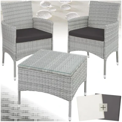 Abbildung von tectake® Poly Rattan Möbel Gartenset mit Wechselbezügen, 2 Stühle und Tisch Glasplatte, 2X Outdoor Lounge Sessel Armlehne Gartentisch, Gartenmöbel Set, Balkonmöbel hellgrau