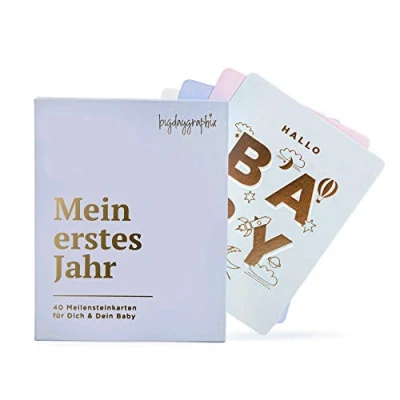 Abbildung von 40 Meilensteinkarten Baby PREMIUM mit Goldfolie + Geschenkbox für Junge &amp; Mädchen Mein erstes Jahr Geschenk zur Geburt Schwangerschaft Geschenkset Babyparty