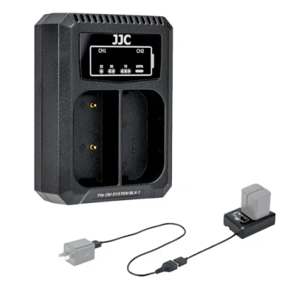 Abbildung von JJC USB Dual Akku Ladegerät Adapter für Olympus OM System BLX 1 Lithium Ionen auf Mark II HLD 10 SBCX Digitalkamera