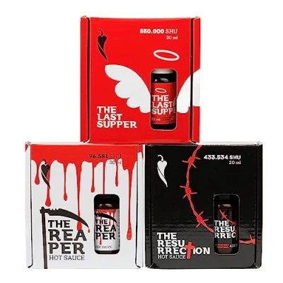 Abbildung von I LOVE SPICY Hot Sauce Bündel The Reaper, Resurrection, Last Supper; Extrem Scharfe Chilisoße mit Carolina Reaper und Trinidad Scorpion Moruga (3x20ml Pipette)