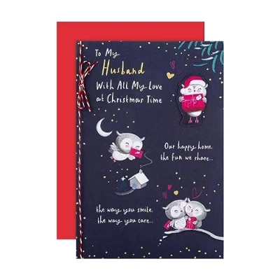 Abbildung von Hallmark Weihnachtskarte, Ehemann niedliche Eulen Designs, Goldfolien Details, Marineblau