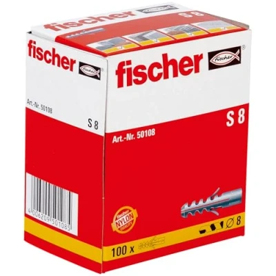 Abbildung von fischer Spreizdübel S 8, Dübel mit 2 fach Spreizung zum Befestigen von Bildern, Briefkästen, Leuchten, uvm. in Beton, Vollziegel und Naturstein, 100 Stück