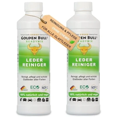 Abbildung von Golden Bull® Lederreiniger &amp; Lederpflege für Ledercouch 2x500ml [STARK VEGAN OHNE Chemie] Leder Reiniger mit natürlichem Kokosöl nachhaltige Reinigung Pflege von Ledersofa Auto Couch Jacke
