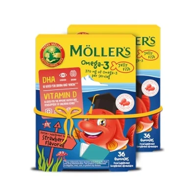 Abbildung von Möller&#039;s Omega 3 Kapseln für Kinder Natürliche Fischtran Mit Erdbeergeschmack DHA und EPA Leicht zu kauen Ohne Gluten, Laktose Zucker 72 Stück
