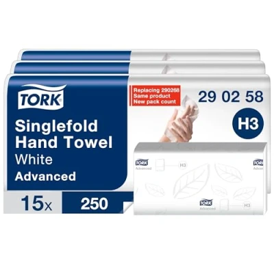 Abbildung von Tork weiche Zickzack Papierhandtücher weiß H3, Advanced Falthandtücher für Papierhandtuchspender, saugfähig und reißfest, groß, 2 lagig, 15 x 250 Tücher, 290258