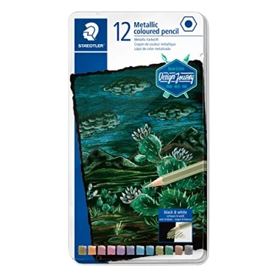 Abbildung von STAEDTLER metallic Buntstifte Design Journey, für metallisch schimmernde Effekte, Glitzer und Highlights auf dunklem Papier, weiche Mine mit hoher Deckkraft, 12 Farbstifte im Metalletui, 146M M12
