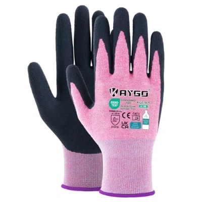 Abbildung von KAYGO 12 Paar Arbeitshandschuhe für Damen Atmungsaktiv Latex Beschichtete Frauen Gartenhandschuhe aus recyceltem Polyester, umweltfreundliche Schutzhandschuhe Haus Gartenarbeit (Rosa, XS, Gr 6)