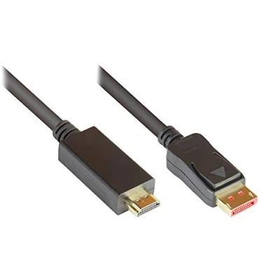 Abbildung von DisplayPort 1.4 an HDMI 2.0 Kabel 4K / UHD @60Hz Premium KUPFERLEITER Adapter mit vergoldeten Stecker und Verriegelung/Arretierung, 3 Fach Schirmung SCHWARZ 1 m