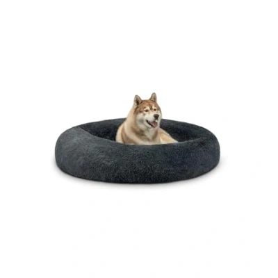 Abbildung von lionto Donutbett für Hunde und Katzen, Flauschiges Hundebett rund kleine große Heimtiere, Ø 120 cm, weiches Katzenbett aus kuscheligem Plüsch, Hundekissen mit extra Dicker Füllung, dunkelgrau