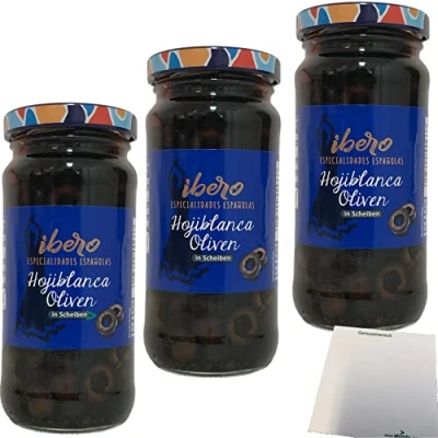 Abbildung von Ibero schwarze Hojiblanca Oliven in Scheiben 3er Pack (3x230g Glas) + usy Block