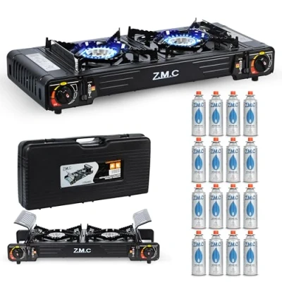 Abbildung von Z.M.C PREMIUM Camping Gaskocher 2 flammig + 16 Gaskartuschen 227g, Campingkocher mit Transportkoffer für Outdoor und Innenraum, Balkon Kocher, Doppelgaskocher Piezozündung