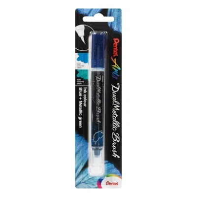 Abbildung von Pentel XGFH DCX Dual Metallic Brush Pinselstift, changierender Glitzertinte, blau/metallic grün, 1 Stück auf Blisterkarte